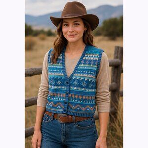 Vintage Segrets Sun Prints Blue Southwestern Knit Sweater Vest Women’s Size L